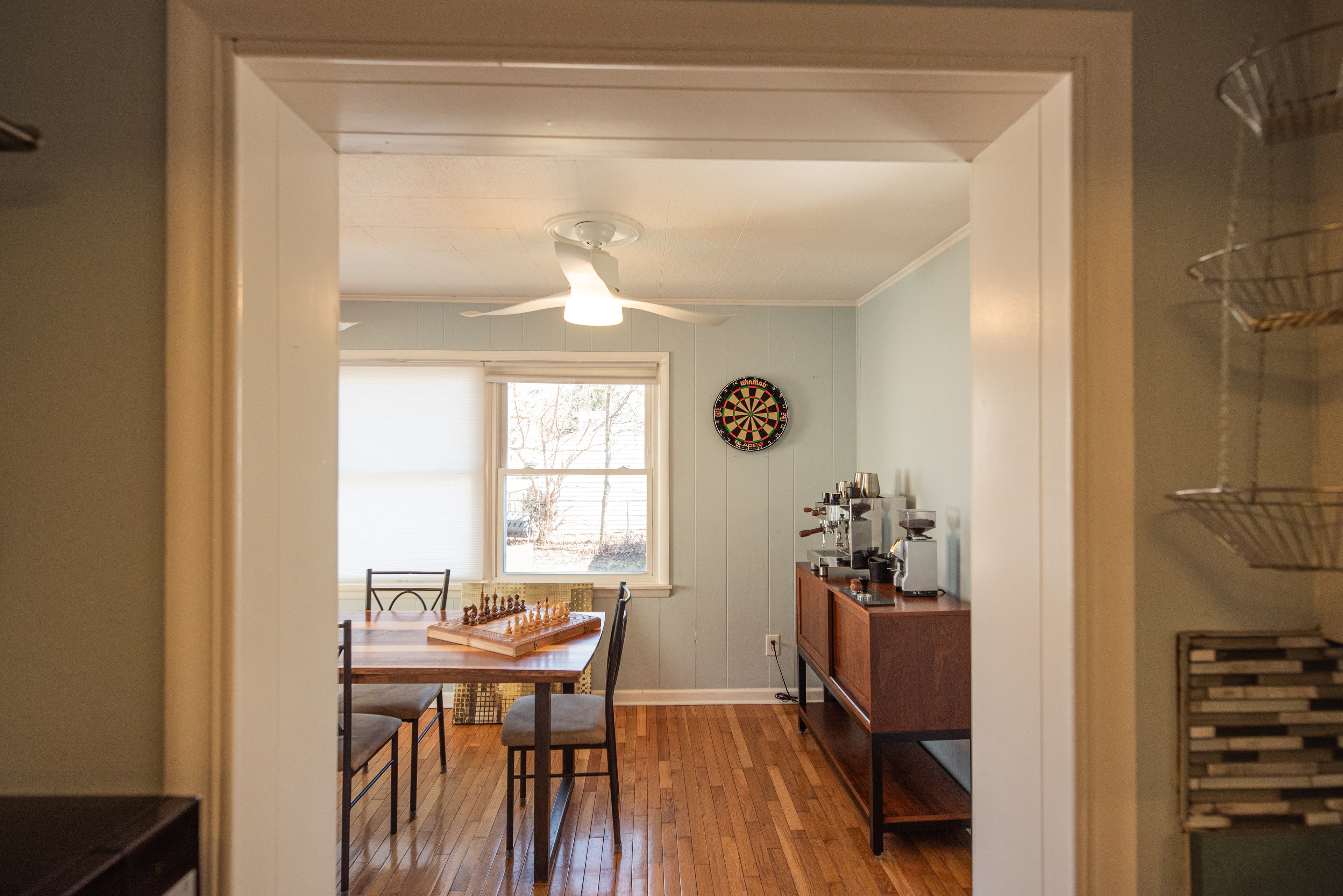 Game room with coffee station and entertainment options